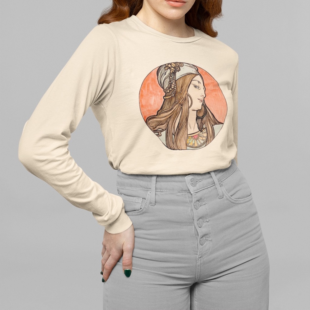Art Nouveau Gypsy Woman Vintage Print Long Sleeve Graphic Tee T-shirt S M L XL